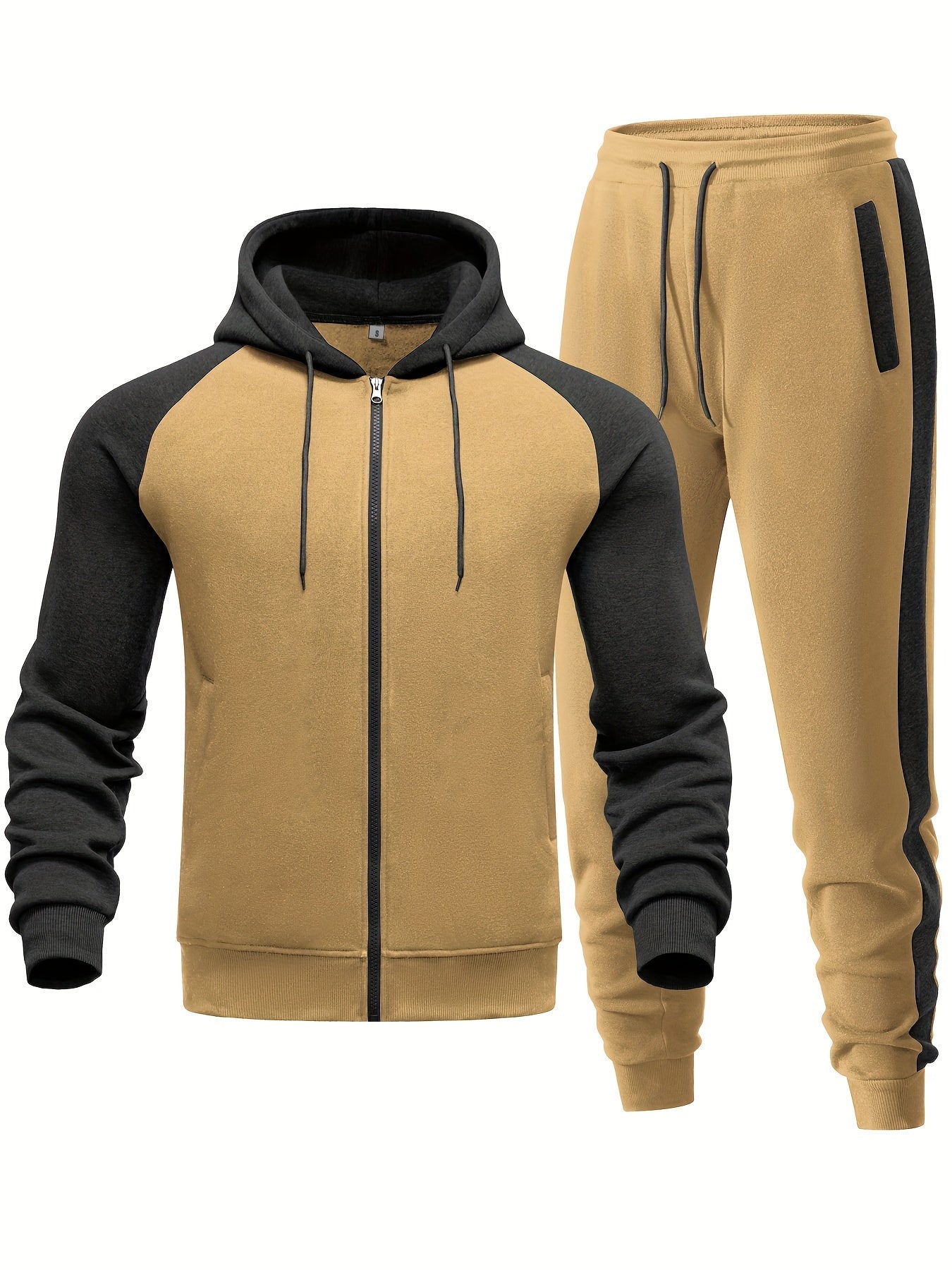 Men's Casual Sports Hoodie Two-Piece Set Four Seasons Color-Matching Zipper Drawstring Waist Jogging Suit - ayq