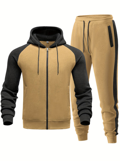 Men's Casual Sports Hoodie Two-Piece Set Four Seasons Color-Matching Zipper Drawstring Waist Jogging Suit - ayq
