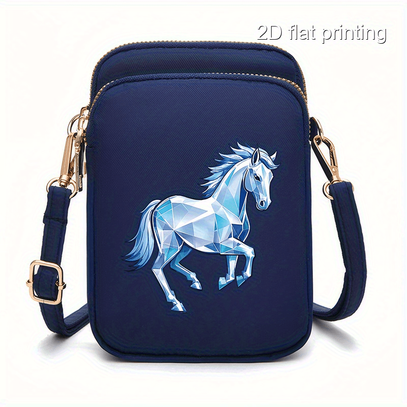1pc Women's Horse Pattern Crossbody Bag - Compact Zipper Closure Polyester Phone Purse with Adjustable Strap, Pink/Navy/Black for Everyday Essentials & Makeup, Mini Purse