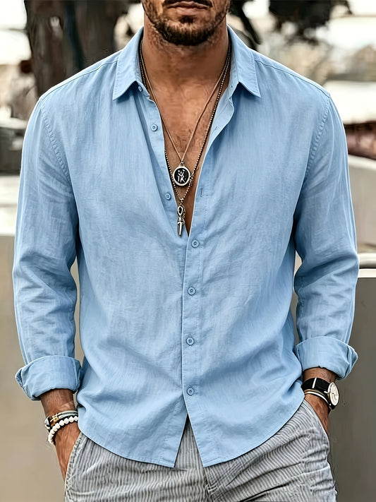 Men's Linen Blend Long Sleeve Casual Shirt for Spring Summer