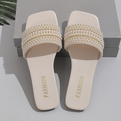Elegant Women's Summer Flat Slide Sandals - Chic Square Toe with Pearl & Rhinestone Embellishments, Casual Slip-On Design, Faux Cover Upper & Rubber Sole, Ladies Sandals