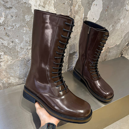 Men's Casual PU Leather Long Boots with Zipper and Lace