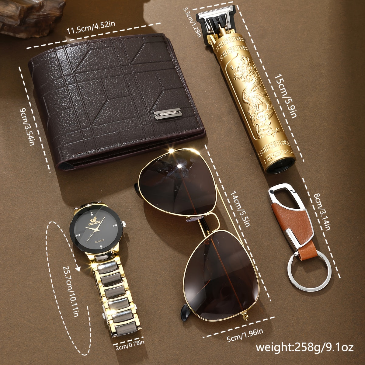 5 հատ տղամարդու գործնական և առօրյա ժամացույցների հավաքածու՝ դրամապանակով, մազ կտրիչով, բանալիի շղթայով, նորաձև ակնոցներով և ժամացույցով - մինիմալիստական ​​գործնական ժամացույցների հավաքածու էլեգանտ նվերային տուփով