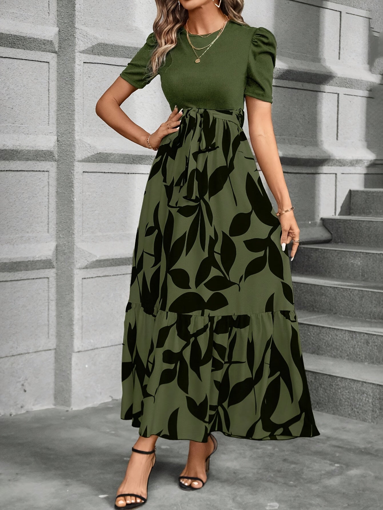 Print Midi Dress with Belt - Crew Neck, Short Sleeve, Non-Stretch Polyester - Machine Washable - Perfect for All Seasons