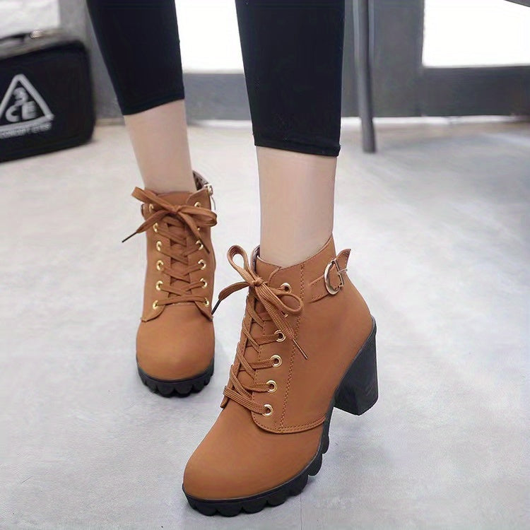 Women's Block Heeled Short Boots, Casual Lace Up Side Zipper Boots, Comfortable Ankle Boots