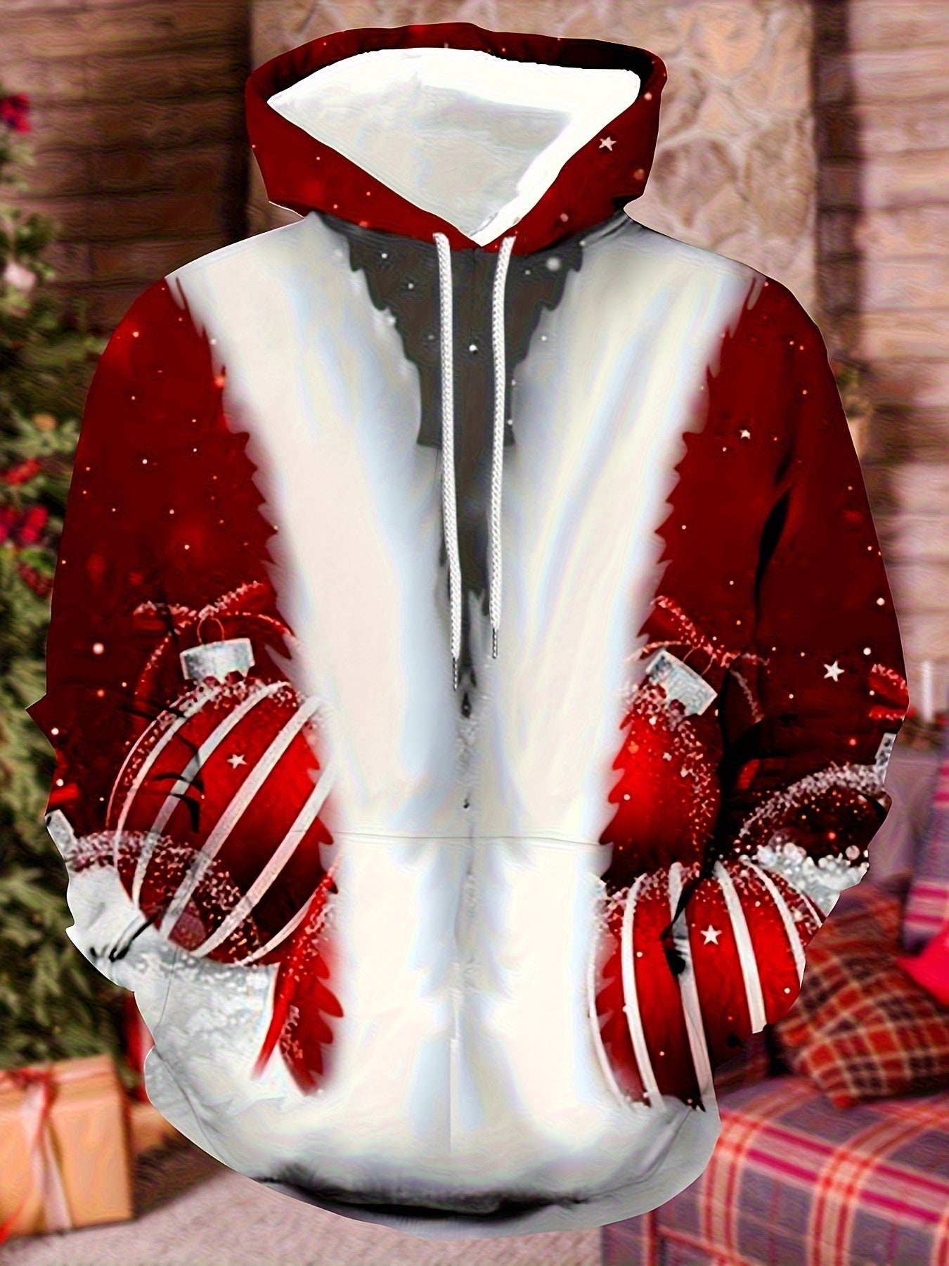 Plus Size Men's Funny Christmas Hoodie- Festive Santa Claus& Snowflake Print, Red& White Holiday Sweatshirt with Pockets, Casual Long Sleeve Pullover for Fall& Winter, Perfect Christmas Gift, Christmas Clothes, PLUS SIZE