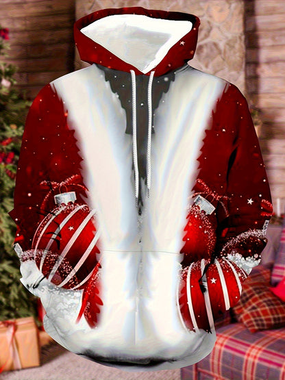 Plus Size Men's Funny Christmas Hoodie- Festive Santa Claus& Snowflake Print, Red& White Holiday Sweatshirt with Pockets, Casual Long Sleeve Pullover for Fall& Winter, Perfect Christmas Gift, Christmas Clothes, PLUS SIZE