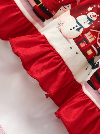 2pcs Girls' Long Sleeve Christmas Santa Claus Letter Print Irregular Skirt + Pants Set, Holiday Outfit, Seasonal Clothing, Festive Design, Elegant Style, Quality Stitching, Comfortable Fit, Twopiece Outfit, Matching Set, Holi