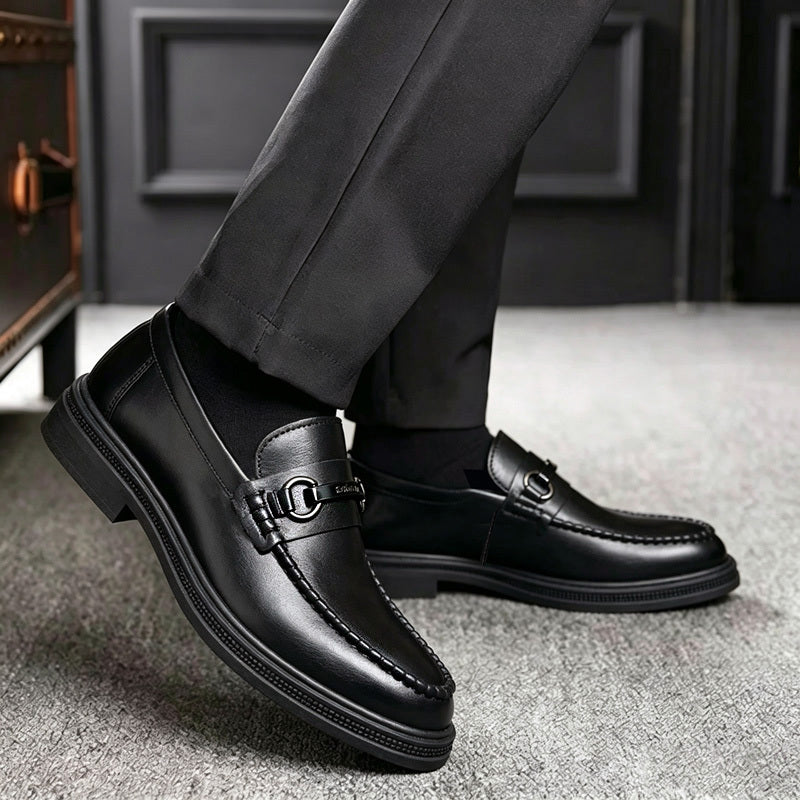 Men's Black Slip-On Business Casual Shoes with Metal Buckle
