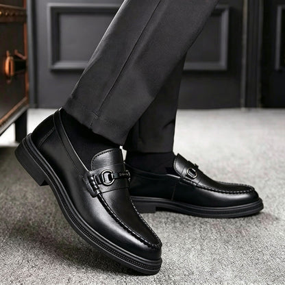 Men's Black Slip-On Business Casual Shoes with Metal Buckle