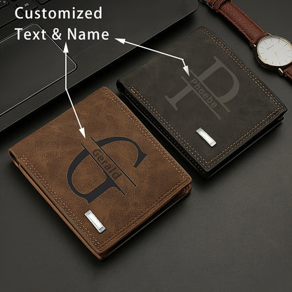 Personalized Men's Faux Leather Wallet - Vintage Style, Business Card Holder, Black PU with Plaid Detail