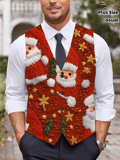 Men's Full-Body Print Santa Claus Vest with Collar & - Red/Green/White/Golden Christmas Jacket, Golden Star Buttons, All-Season Party & Casual Coat for Holiday Events, Costumes, and Casual Attire, PLUS SIZE