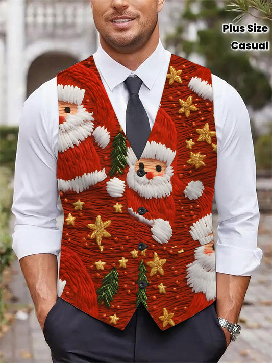 Men's Full-Body Print Santa Claus Vest with Collar & - Red/Green/White/Golden Christmas Jacket, Golden Star Buttons, All-Season Party & Casual Coat for Holiday Events, Costumes, and Casual Attire, PLUS SIZE