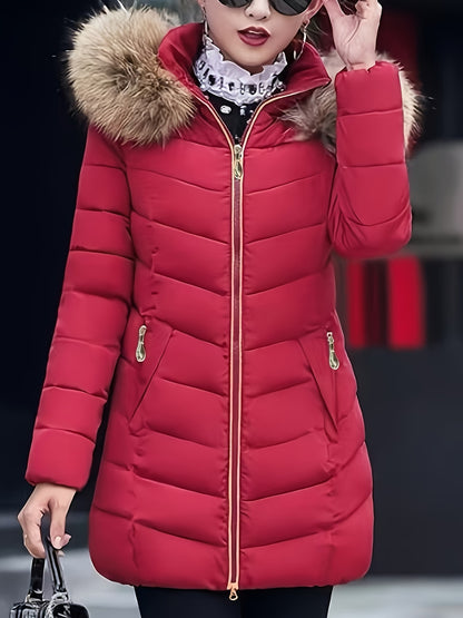 Women'S Elegant Red Mid-Length Winter Coat with Plush Fur Hood, Zip-Up Design, and Contrast Trim - Stylish All-Season Outerwear, Winter Coats And Vests