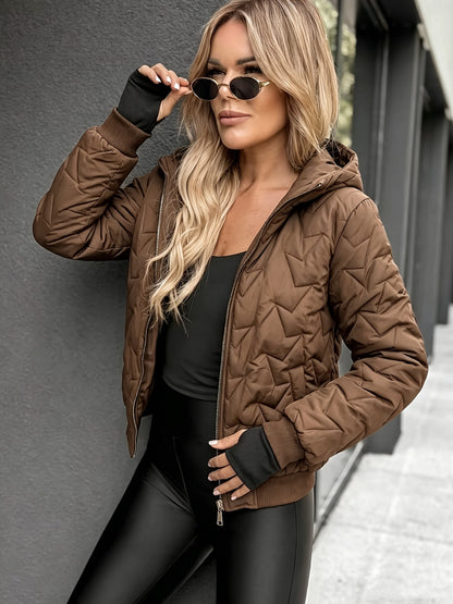 Women's Short Quilted Hooded Jacket with Ribbed Cuffs