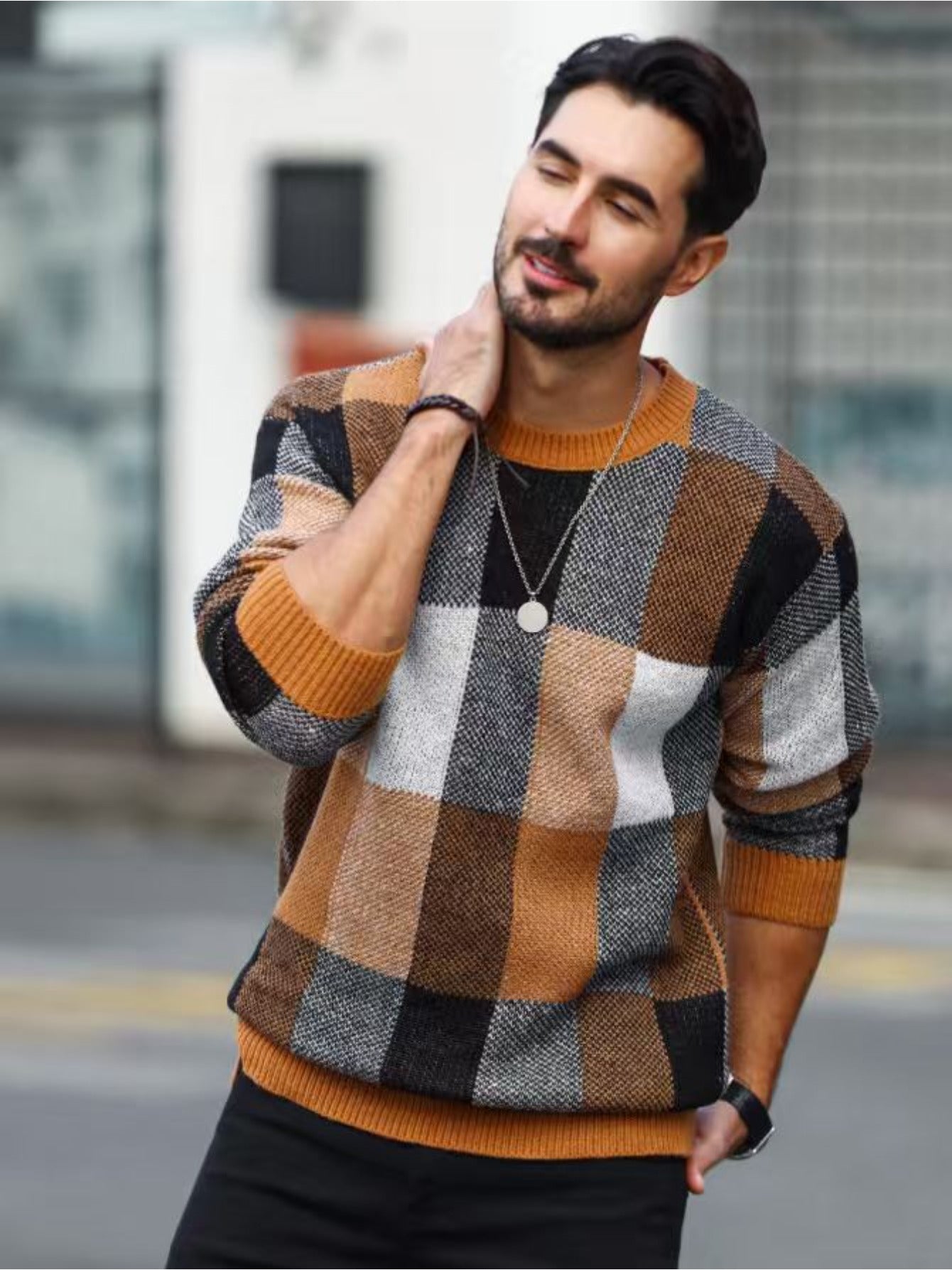 Men'S Casual Plaid Crew Neck Knit Sweater | Loose Fit, Long Sleeve, Fashionable Color Block Design, Suitable for Fall/Winter