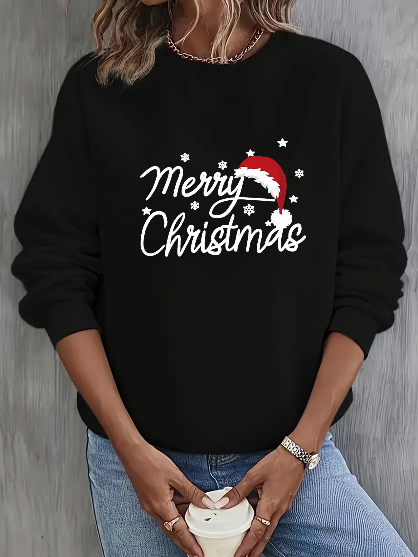 Women'S Christmas Letter Print Crew Neck Pullover Sweatshirt - Elegant Casual Long Sleeve Fleece-Lined Top with Festive Santa Hat & Star Design, All-Season Comfort for Holiday & Casual Attire, Christmas Sweatshirts, Seasonal