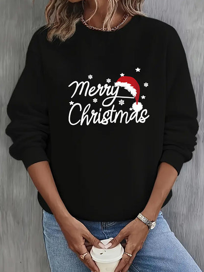 Women'S Christmas Letter Print Crew Neck Pullover Sweatshirt - Elegant Casual Long Sleeve Fleece-Lined Top with Festive Santa Hat & Star Design, All-Season Comfort for Holiday & Casual Attire, Christmas Sweatshirts, Seasonal