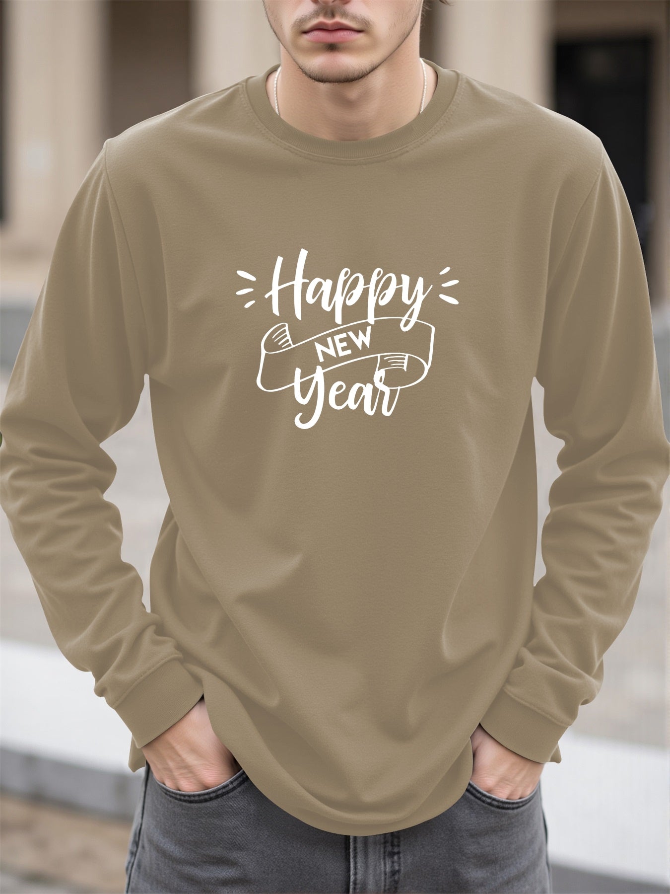 Men'S Happy New Year Graphic T-Shirt - Casual Long Sleeve Crew Neck, White with Black Lettering & Festive Design, Loose Fit for Spring/Fall, Perfect for Casual Attire, Festive Clothing | Festive Graphic Tee | Comfortable Fit