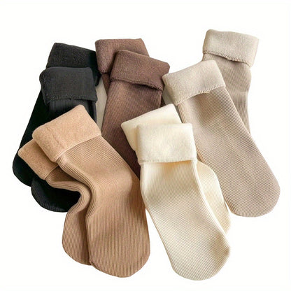 5 Pairs Women'S Knee-Length Thermal Fleece-Lined Socks, Solid Color, Polyester Knit Fabric, 100% Polyester, with Hand Washable