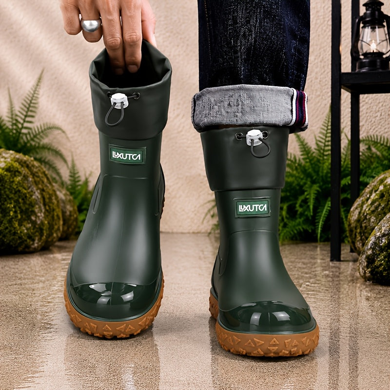 Men's Short PVC Rain Boots with Adjustable Drawstring & Tread Sole