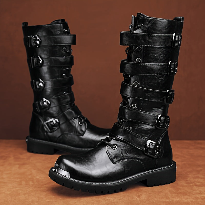 Men's Stylish PU Leather Boots with Zipper and Buckle