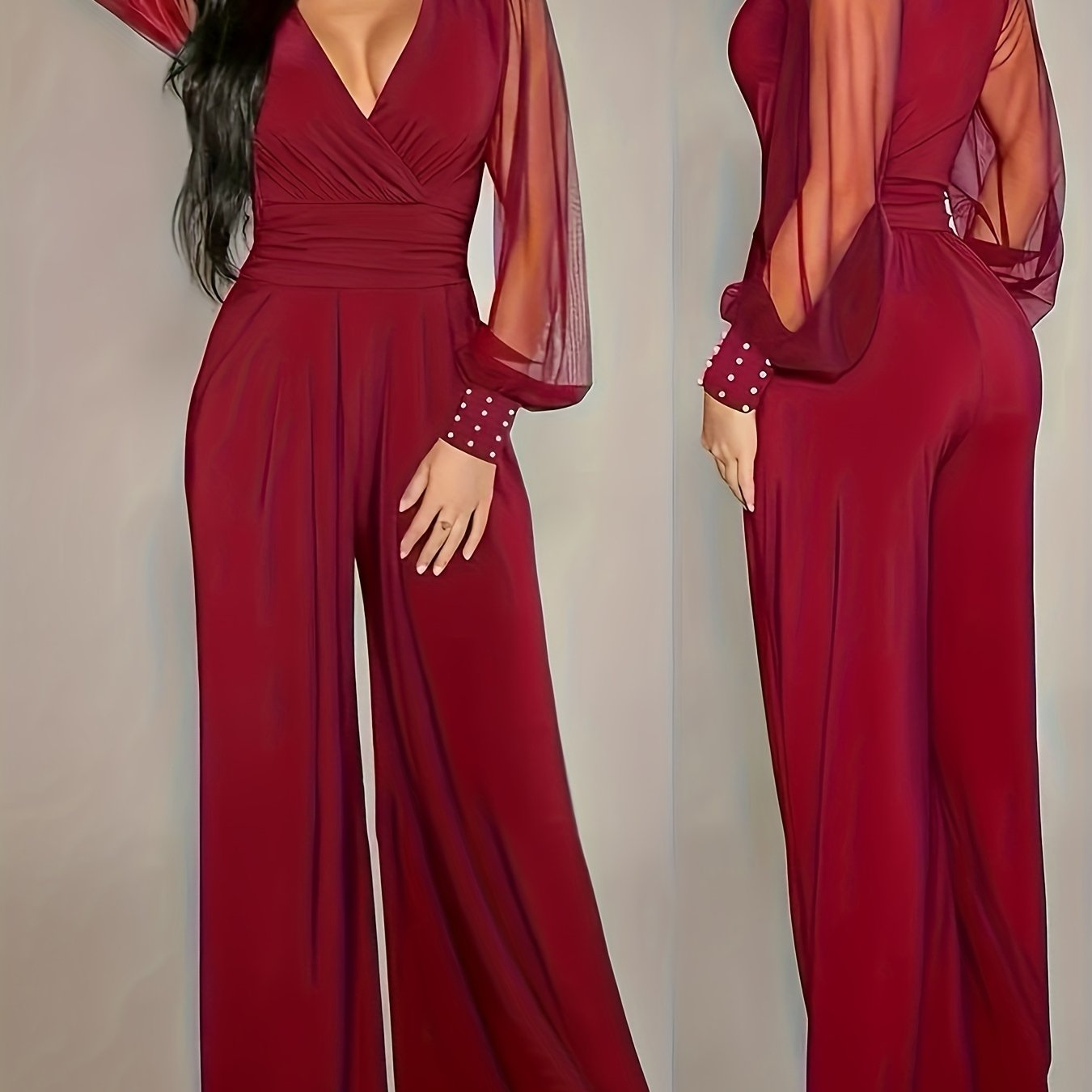 Women'S Elegant V-Neck Long Sleeve Jumpsuit - Solid Color, Stretchy Comfortable Fabric, Waist-Cinching Design, All-Season Versatile Outfit, Perfect for Daily Wear, Commuting, Parties, and Formal Events, Party Attire | Vneck J