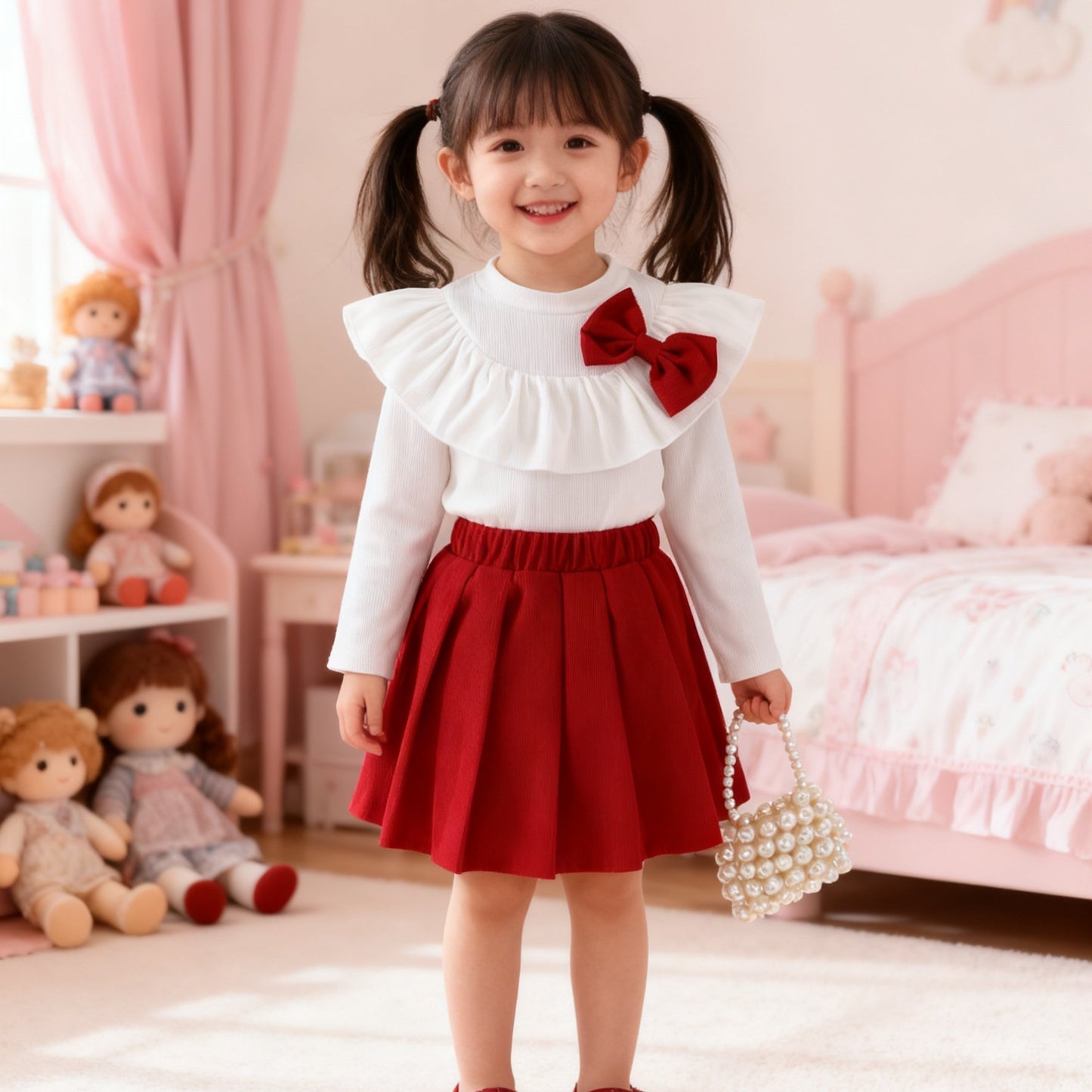 Girls' White Ruffled Sleeve Top & Red Pleated Skirt Set - Sweet Princess Style, Round Neck, Lightweight & Breathable Fabric, Perfect for Spring/Fall, Includes Matching Bow Tie, Ideal for Casual or Special Occasions, Princess