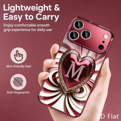Luxury Wine Red Heart Rhinestone Tempered Glass Phone Case