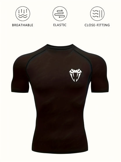 Men'S Quick-Dry Athletic Compression T-Shirt with Serpent Head Logo - Short Sleeve, High Stretch, Breathable Fabric for Running  Workout, Blue