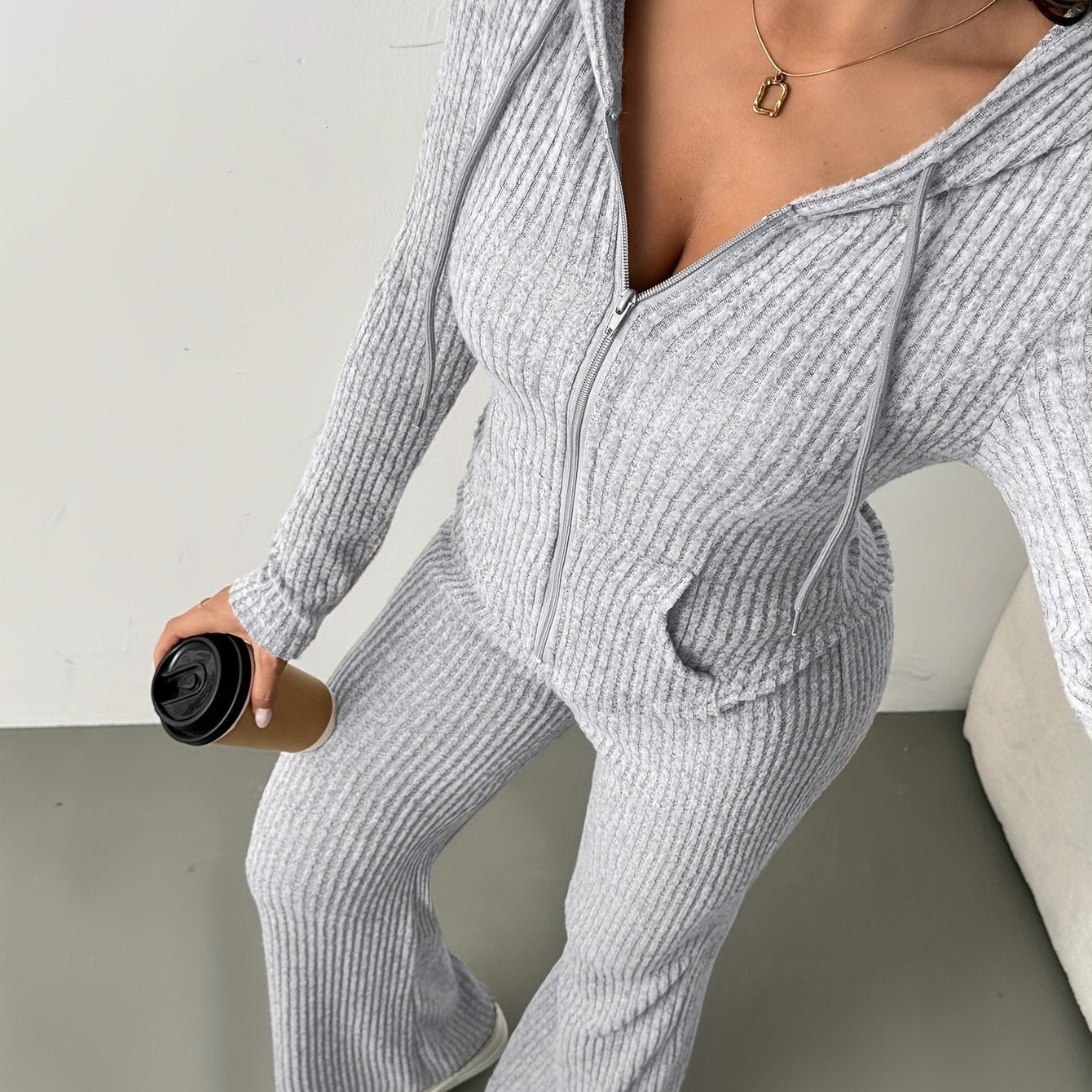 2pcs Women's Solid Color Hooded Zip-up Top and Casual Flared Pants Set - ayq