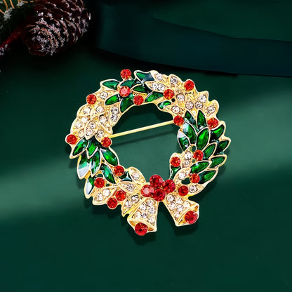 Luxury Christmas Bell Brooch with Rhinestone and Green Enamel Leaf, Alloy Golden-Plated, Fashionable Shiny Pin for Party and Banquet Accessories, Special Occasion Pin, Vintage Brooch, Elegant Design, Rhinestone Embellishment,
