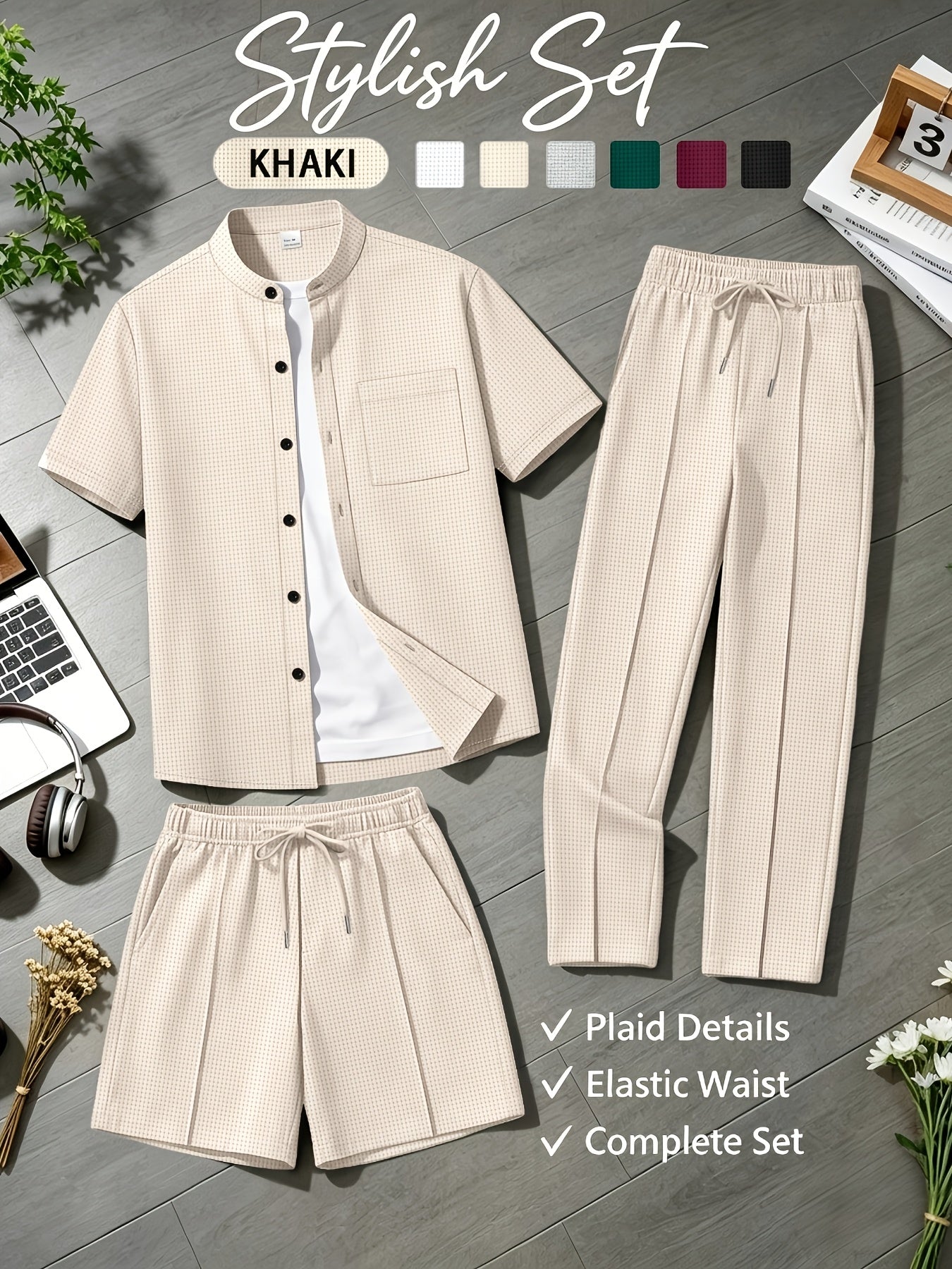 Men's Summer Waffle Knit 3-in-1 Set with Shorts and Pants
