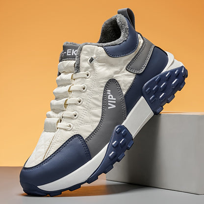Men'S Stylish Color-Block Plush-Lined Winter Sneakers - Warm, High-Stability Running Shoes with Lace-Up Closure, Geometric & Solid Color Design, Synthetic & Fabric Upper, PVC Sole for Casual & Outdoor Activities, Winter Sneak