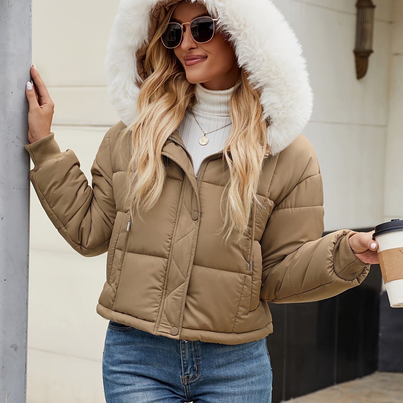 Կանացի կարճ, առօրյա, կայծակաճարմանդով, գլխարկով բաճկոն՝ արհեստական ​​մորթուց զարդանախշով - սև պոլիեսթեր, երկար թևքերով, աշնանային/ձմեռային բացօթյա հագուստ, ցուրտ եղանակի համար | Գլխարկով նորաձևություն | Փայլուն ծածկույթ