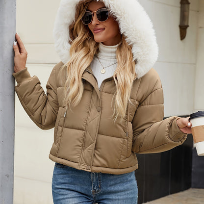 Կանացի կարճ, առօրյա, կայծակաճարմանդով, գլխարկով բաճկոն՝ արհեստական ​​մորթուց զարդանախշով - սև պոլիեսթեր, երկար թևքերով, աշնանային/ձմեռային բացօթյա հագուստ, ցուրտ եղանակի համար | Գլխարկով նորաձևություն | Փայլուն ծածկույթ