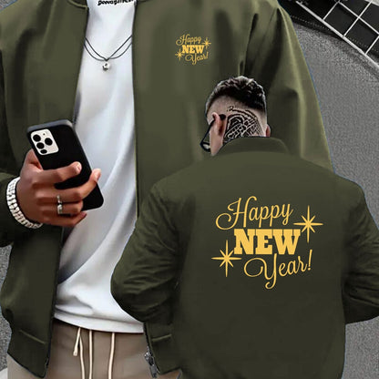 Men's Navy Blue Full-Zip Casual Jacket with Golden Happy New Year Print & Golden Glitter Lettering - Full-Zip Closure, Machine Washable, Regular Fit Winter Coat for Parties, Casual Attire & New Year's Eve Outfits - Stylish Ou