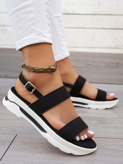 Mhysa Women's Comfortable Open-Toe Platform Sandals with Thick Sole & Golden Buckle Strap - Summer Casual White PU Cover Ankle Strap Sandals for Casual Attire, Ladies Sandals