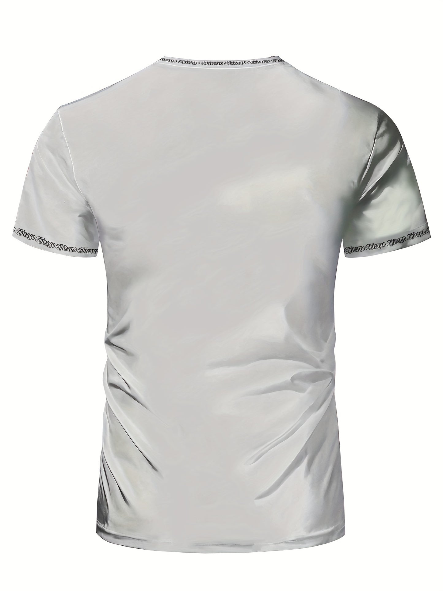 Men'S Chicago Print T-Shirt, Polyester-Spandex Blend, Crew Neck, Short Sleeve, Geometric Pattern, High Stretch, Tear Resistant, Sports  Casual Style, Summer Fit Top for Training, Yoga, Hiking  Festive Occasions