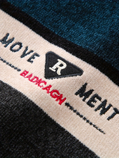 Temujin Men'S Winter Round Neck Sweater with Fleece, Knitted with Embroidered Stripes And Casual Letters for Warmth And a Fitted Style