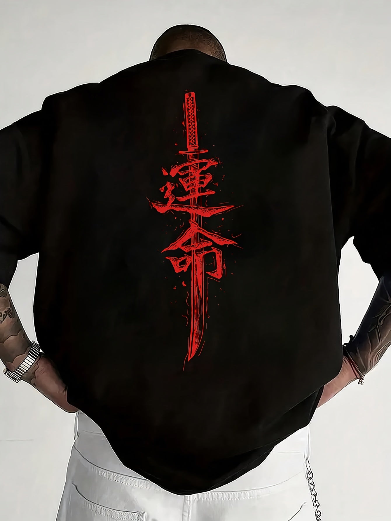 Men'S Japanese Samurai Sword Graphic T-Shirt - Casual Loose Fit Crew Neck, Short Sleeve Tee with Red Stylized Japanese Katanas Design, Breathable Polyester for Spring  Summer Outdoor Wear