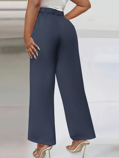 Women'S High-Waist Button-Detail Casual Straight Leg Pants, Solid Color, Polyester, with Belt, for All-Season Woven Trousers