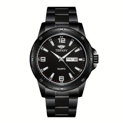 Elegant Men's Stainless Steel Quartz Watch - IPX7 High Quality, Luminous Hands, Date & Day Display, Business Casual Sporty Design for Everyday & Water Activities, Versatile Wristwatch, Sleek Strap Design, Glowing Markers