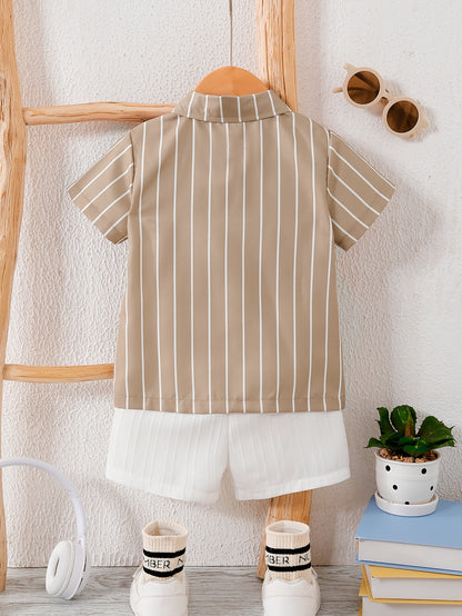 Boys' Summer Khaki Striped Shirt & Solid Shorts Set