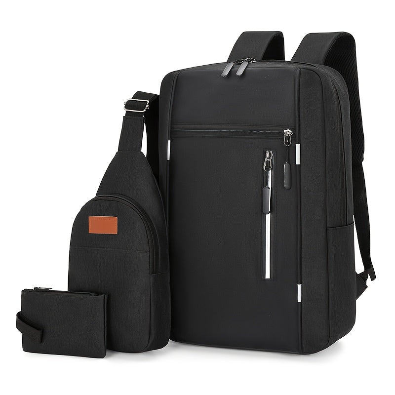 Three-Piece Set: Laptop Bag, Chest Bag, Wallet - Multi-Layer Oxford Fabric Adjustable Shoulder Backpack with Reflective Strip Design, Breathable Wide Strap Large Capacity Casual Storage Bag for Men, Suitable for Daily Commute