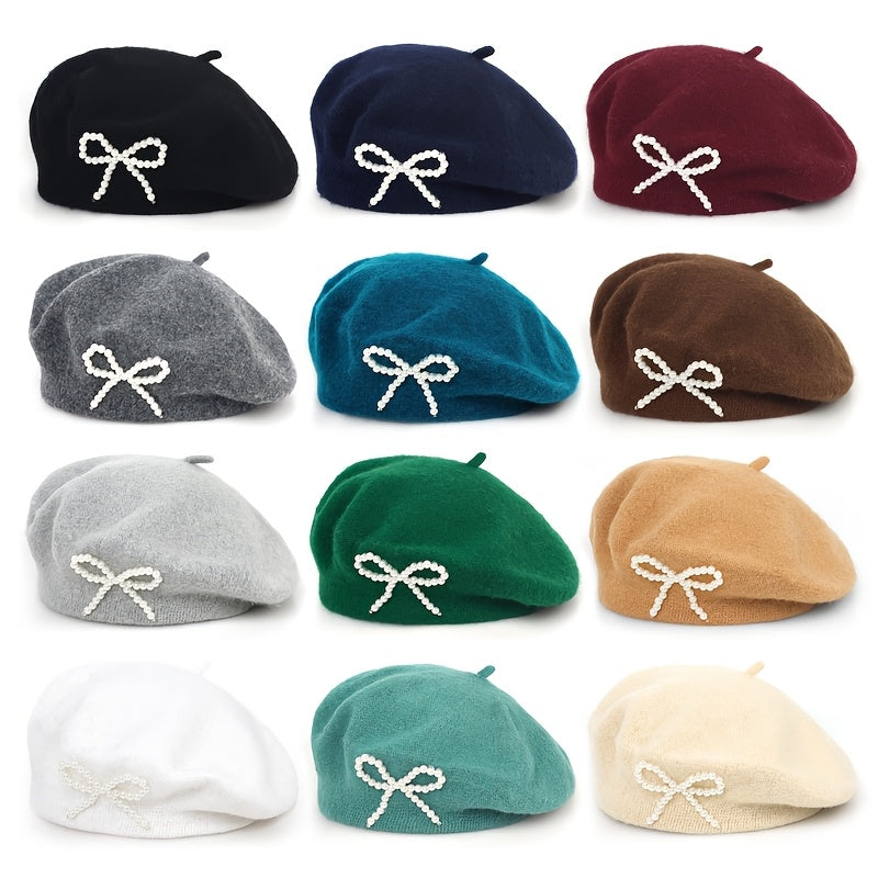 1pc Women's Wool Beret with Pearl Bow - Elegant, Breathable, and Stylish in Multiple Colors (Black, Brown, Gray, Beige, Purple, Pink) for Casual Attire