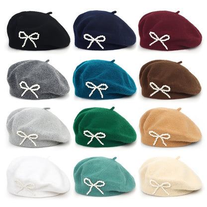 1pc Women's Wool Beret with Pearl Bow - Elegant, Breathable, and Stylish in Multiple Colors (Black, Brown, Gray, Beige, Purple, Pink) for Casual Attire