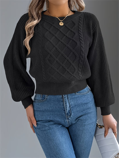 Elegant Cable Knit Sweater for Women - Casual Long Sleeve, Round Neck Pullover in Solid Color, Perfect for Fall/Winter