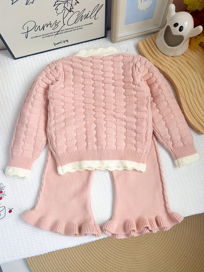 Girls' Fashion Casual Blend Knitted Set for Girls 3, Round Neck, Long Sleeves, Button Closure, Bunny Embellished Pink Sweater Pants Two-Piece Set, Elegant And Sweet, Suitable for Outdoor Activities, As a Gift for Kids