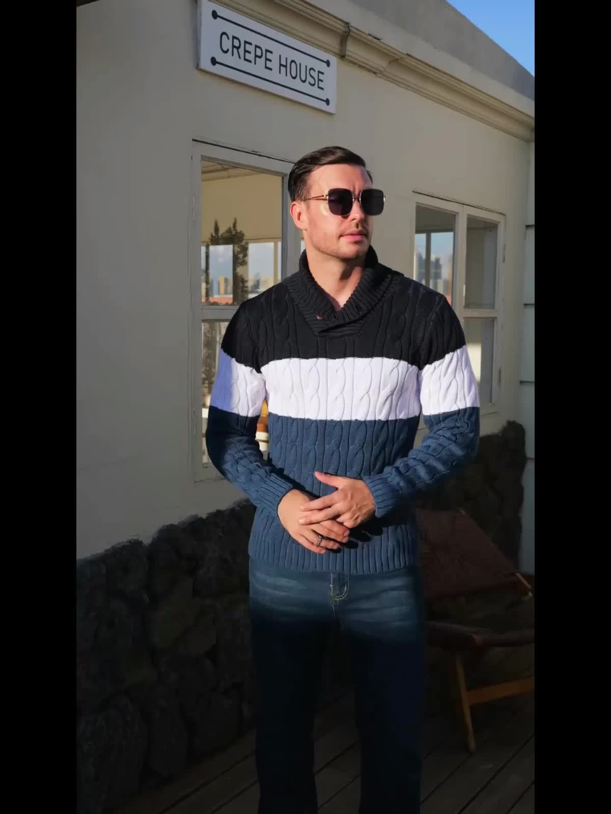 Men's Business Style Color-Block Sweater, Fashionable Trendy Spliced Large Lapel Pullover, Versatile Button-Design Sweatshirt